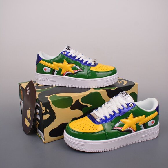 A Bathing Ape Bape Sta Low M2 20th Anniversary Patent Green Shark - Picture 1 of 9